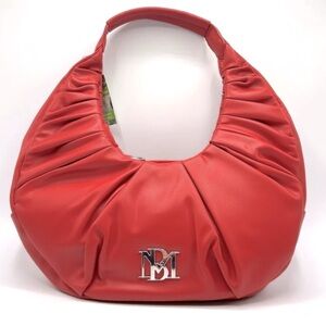 🆕❤️👜 Badgley Mischka Large RED pleated Shoulder HOBO Bag with Silver Logo NWT